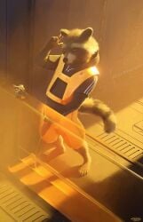 animal_genitalia animal_penis anthro bodily_fluids bottomwear brown_body brown_fur canine_genitalia canine_penis clothed clothing digital_media_(artwork) feet fingers fur genital_fluids genitals guardians_of_the_galaxy half-erect hi_res looking_at_viewer male male_peeing mammal marvel peeing penis procyonid raccoon rocket_raccoon shirt shorts sidekick solo standing tail toes topwear urine urine_stream weapon