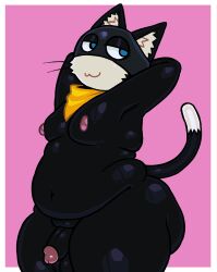2026 absurd_res anthro ass atlus axeldagoat balls belly big_butt black_body black_fur blue_eyes circumcised digital_drawing_(artwork) digital_media_(artwork) dipstick_tail domestic_cat felid feline felis fur genitals glans half-closed_eyes hands_behind_head hi_res humanoid_genitalia humanoid_penis inner_ear_fluff male mammal markings megami_tensei morgana_(persona) mouth_closed narrowed_eyes navel nipples overweight overweight_anthro overweight_male penis persona_(series) persona_5 pink_background pink_glans pink_nipples scarf sega simple_background small_balls small_penis solo tail tail_markings thick_thighs tuft whiskers yellow_scarf