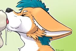 anthro bodily_fluids canid canine closed_eyes cum cum_dripping_from_mouth cum_in_mouth cum_in_throat cum_inside disembodied_penis duo fellatio fox fur genital_fluids genitals gradient_background green_body green_fur hi_res knotting male male/male male_anthro male_penetrated male_penetrating male_penetrating_male mammal mostly_offscreen_character mostly_offscreen_male oral oral_knotting oral_penetration orange_body orange_fur penetration penile penis penis_in_mouth red_fox sex simple_background solo_focus true_fox vikas white_body white_fur