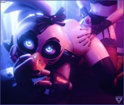 3d_(artwork) accessory alternate_costume alternative_fashion animatronic anthro arm_accessory armwear ass avian beak bird black_bow black_clothing black_lipstick black_makeup blue_eyes bodily_fluids bow_ribbon bra canid canine chicken clothed clothing crossdressing crossdressing_male cum cum_on_butt cum_on_hand cum_taste digital_media_(artwork) duo female five_nights_at_freddy's five_nights_at_freddy's:_security_breach galliform garter_straps genital_fluids genitals glamrock_chica goth hair hair_accessory hi_res human lace_stockings legwear lingerie lipstick looking_at_viewer machine makeup male male/female mammal mrcourage616 on_model penis phasianid robot scottgames steel_wool_studios thigh_highs underwear