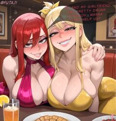 2girls ai_assisted ai_generated big_breasts blonde_hair blush breasts_on_table brown_eyes bursting_breasts cafe cocktail_dress comic dress drunk drunk_female erza_scarlet fairy_tail food futaji huge_breasts hugging hugging_another inviting inviting_to_sex leaning_forward light-skinned_female long_hair lucy_heartfilia red_dress red_hair restaurant seductive seductive_look smile smile_at_viewer talking_to_viewer text text_bubble watermark wet_breasts yellow_dress