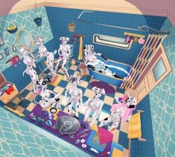 101_dalmatian_street 101_dalmatians aged_up anthro anthrofied basket bathing bathroom bathtub breasts brush brushing brushing_teeth butt canid canine canis casual_nudity cellphone clothing collar container da_vinci_(101_dalmatians) dal101strefan dallas_(101_dalmatians) dalmatian dee_dee_(101_dalmatians) deja_vu_(101_dalmatians) destiny_(101_dalmatians) detailed_background digital_media_(artwork) disney dizzy_(101_dalmatians) dolly_(101_dalmatians) domestic_dog dorothy_(101_dalmatians) electronics feet female footwear footwear_only fur genitals group hi_res holding_brush holding_cellphone holding_object holding_phone holding_smartphone holding_toothbrush inside looking_at_viewer lying mammal markings mirror mostly_nude navel nipples nude on_back open_mouth partially_submerged phone sandals sandals_only shoes shower shower_head sibling_(lore) sink sister_(lore) sisters_(lore) sitting sitting_on_toilet smartphone smile sponge spots spotted_body swimwear tail toilet toilet_use toothbrush toothpaste towel towel_around_neck triple_d_(101_dalmatians) triplets_(lore) vulva water