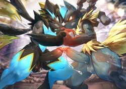 angry anthro balls big_penis black_body black_fur blue_body blue_eyes blue_fur bodily_fluids canid cum cum_string duo erection eye_contact felid fight frottage fur generation_6_pokemon genital_fluids genitals glans humanoid_genitalia humanoid_penis kuroisumi looking_at_another male male/male mammal mega_evolution mega_lucario mega_zeraora nintendo penile penis penises_touching pokemon pokemon_(species) sex sharp_teeth side_view teeth thick_thighs