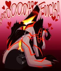 1_eye 4_fingers alien ben_10 black_body blush blush_lines bodily_fluids cartoon_network circuit_markings claws cum cumshot cuntboy cuntboy_sans_balls curling_tail ejaculation english_text featureless_feet feet fingers galvanic_mechamorph genital_fluids genitals glowing glowing_genitalia glowing_markings grinding heart_symbol herm hermaphrodite hi_res intersex kneeling long_arms maleherm malware_(ben_10) markings multi_genitalia not_furry orgasm penis profanity pussy red_markings sex_toy shaking silver_countershading simple_background solo spikes squinted_eyes strawberryoverlord sybian tail tapering_tail text trembling vibrator watermark