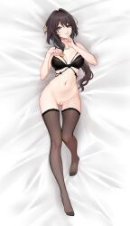 absurdres aqua_nails ass_visible_through_thighs bead_necklace beads bed_sheet black_bra black_thighhighs bottomless bra breasts brown_hair chinese_commentary cleft_of_venus commentary_request feet female finger_to_mouth flower food full_body green_eyes hair_flower hair_intakes hair_ornament hands_up highres holding holding_food honkai:_star_rail honkai_(series) index_finger_raised jewelry knee_up large_variant_set long_hair looking_at_viewer lying medium_breasts multicolored_hair nail_polish navel necklace no_shoes on_back on_bed parted_lips pussy ruan_mei_(honkai:_star_rail) shushing solo stomach streaked_hair thighhighs thighs toenail_polish toenails toes uncensored underwear variant_set yunkaiming