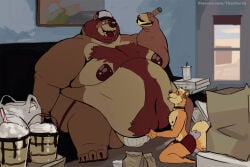 3:2 anthro baseball_cap bear beard belly beverage big_belly big_moobs big_nipples body_hair box burger canid canine canis chest_hair cigar clothing collar container dessert domestic_dog dominant dominant_male duo facial_hair feederism food furniture happy_trail hat headgear headwear holding_cigar holding_food holding_object ice_cream jockstrap kneeling larger_dom larger_male male male/male mammal moobs mostly_nude navel nipple_piercing nipples overweight overweight_male piercing sitting size_difference smaller_male smile sofa submissive submissive_male tcw tongue tongue_out underwear weight_difference