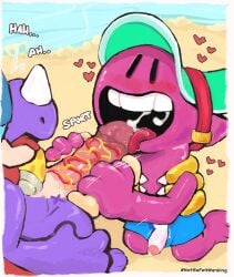 absurd_res anthro balls blush bodily_fluids brawl_stars cape clothing cum digital_media_(artwork) dinosaur doug_(brawl_stars) duo english_text erection fellatio food genital_fluids genitals handjob hat headgear headwear hi_res hot_dog licking male male/male muscular muscular_male notsafeforwanking oral pecs penile penis penis_lick pierce_(brawl_stars) prehistoric_species purple_body reptile scalie sex simple_background solo supercell_(company) text tongue