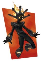 4_fingers absurd_res activision belt black_body boots breasts clothing crown cuff_(restraint) elemental_creature featureless_feet feet female fingers fire fire_creature flaming_hair footwear genitals glowing glowing_eyes glowing_genitalia glowing_mouth glowing_vulva headgear hi_res lumen_fox metal_boots metal_cuffs not_furry open_mouth pseudo_hair restraints shoes simple_background skylanders smile smolderdash solo vulva