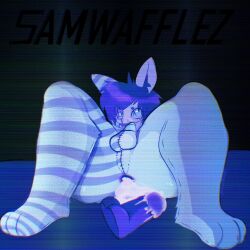 1:1 ambiguous_gender anal_fluids animate_inanimate anthro blue_hair bodily_fluids bug_(samwafflez) cum cum_drip dildo dripping dripping_lube genital_fluids hair hi_res lagomorph leaking_cum leporid living_plushie male mammal patchwork_creature plushie rabbit samwafflez scanlines sex_toy striped_body stripes
