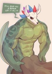 absurd_res ambiguous_species anthro balls barazoku big_balls big_muscles big_penis biped black_sclera bodily_fluids bone bone_mask doggy_style dragon duo erection from_behind_position genitals glans green_body green_scales hi_res humanoid_genitalia humanoid_penis looking_at_viewer male male/male masbro mask muscular muscular_anthro muscular_male mythological_creature mythological_scalie mythology nipples nude_anthro nude_male penis pink_nipples scales scalie sex skull skull_mask solo_focus sweat sweatdrop terraria witch_doctor_(terraria) yellow_eyes