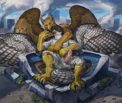 4_toes 5_fingers abs anthro avian balls beak biceps bird brown_body brown_fur building building_destruction carpo city city_background city_destruction cityscape claws corvidius_(character) destruction duo elkaart erection extreme_size_difference falcon falconid feathered_wings feathers feet finger_claws fingers fur genitals gryphon hair hi_res house hug macro macro_anthro macro_male male muscular muscular_anthro muscular_male mythological_avian mythological_creature mythology nude outside paws pecs penile penis plant rampage size_difference sky smile stadium tail toe_claws toes white_body wings