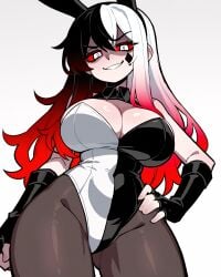 absurd_res ai_generated aris_(falsegate) black_gloves black_hair black_leotard breasts bunny_ears cleavage colored_sclera diamond_pupils diamond_tattoo elbow_gloves falsegate fingerless_gloves from_below gloves gradient_hair hand_on_hip hand_on_own_hip headband highres large_breasts leotard long_hair multicolored_hair multicolored_leotard oc oc_(falsegate) original original_character pantyhose red_hair red_sclera seductive seductive_look seductive_pose self_upload smile smirk solid_color_background split-color_hair split-color_leotard stable_diffusion symbol-shaped_pupils tattoo tattoo_on_cheek tattoo_on_face thick_thighs three-tone_hair white_background white_eyes white_hair white_leotard wide_hips