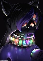 bdsm_gear bdsm_outfit bondage bondage_mittens cat_ears cat_ears_hairband collar dark_background dark_hair gem gems gemstone hair_over_one_eye high_quality latex_bodysuit long_term_bondage magic_user metal_collar multicolored_hair muzzle_gag muzzled oc panel_gag plasma-dragon prisoner purple_eyes restrained shiny tagme