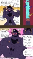 absurd_res anthro armpit_hair balls barazoku belly_hair bodily_fluids body_hair bovid bovine cattle comic cum dialogue duo embarrassed exposed foreskin genital_fluids genitals hi_res horn humiliation machine male male/male mammal milking_machine muscular pecs penile penis penis_milking piercing pubes questionable_consent remmus_cobalt small_penis solo