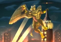 5_fingers abs aircraft anthro avian balls beak biceps biped brown_body brown_fur building building_destruction carpo city city_background cityscape claws crush destruction erection explosion feathered_wings feathers feet finger_claws fingers fur genitals gryphon helicopter hi_res house humanoid_genitalia kemmyfolf macro macro_anthro macro_male male muscular muscular_anthro muscular_male mythological_avian mythological_creature mythology night nude open_mouth outside paws pecs penis rampage sky solo tail toe_claws toes vehicle vehicle_destruction wings