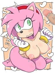 3:4 accessory amy_rose anthro barefoot big_breasts blush bodily_fluids bracelet breasts censored clothing duo eulipotyphlan feet female fur genitals gloves green_eyes hair_accessory hairband handwear heart_symbol hedgehog hi_res jewelry ketsumo_town kneeling male mammal mosaic_censorship musical_note musical_symbol nipples nude nude_female penis pink_body pink_fur pink_nipples sega shy simple_background sonic_(series) sonic_the_hedgehog_(series) sweat symbol tail tan_body tan_skin unknown_artist yellow_background