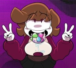 condom_balloon cum cum_in_mouth happy happylikeawall heart-shaped_pupils peace_sign vaz0v