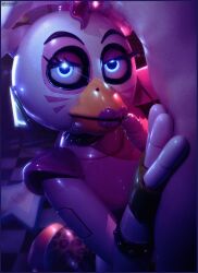 3d_(artwork) accessory animal_print animatronic anthro arm_accessory avian beak bird blue_eyes bodily_fluids bow_ribbon chicken clothing cum cum_drip cum_on_lips cum_on_penis digital_media_(artwork) dripping duo female five_nights_at_freddy's five_nights_at_freddy's:_security_breach galliform genital_fluids genitals glamrock_chica hair hair_accessory hand_on_leg hi_res human kneeling leopard_print leotard lipstick looking_at_viewer machine makeup male male/female mammal mrcourage616 on_model penis penis_on_face penis_on_lips phasianid pink_clothing pink_leotard robot scottgames steel_wool_studios