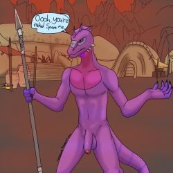 1:1 anthro argonian bethesda_game_studios english_text fyreblazes genitals hi_res male melee_weapon microsoft morrowind nude penis polearm purple_body sandstorm scalie solo spear text the_elder_scrolls weapon