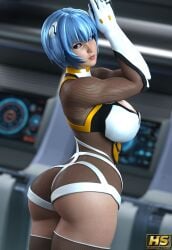 1girls 3d alternate_body_type alternate_costume alternate_version_available areola_slip areolae areolae_visible_through_clothing arms_up ass ass_focus big_ass blue_hair breasts cleavage curvy dress dumptruck_ass fishnets gloves hagiwara_studio hair_ornament hands_together huge_breasts neon_genesis_evangelion plugsuit red_eyes rei_ayanami short_hair sideboob thick_thighs thighhighs thighs