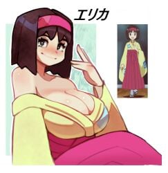1girls bangs bare_shoulders big_breasts black_hair blockyhaze blush breasts cleavage erika_(pokemon) female female_only gym_leader headband japanese_clothes japanese_text kimono large_breasts off_shoulder pokemon pokemon_frlg pokemon_rgby reference_image screencap short_hair smile solo solo_female tagme