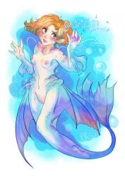 2023 blush breasts brown_hair dialogue english_text female fin freckles genitals green_body green_eyes green_scales hair hi_res humanoid humanoid_pointy_ears marine membrane_(anatomy) merfolk nakitacat nipples open_mouth pointy_ears scales simple_background solo split_form tail text transformation vulva webbed_hands