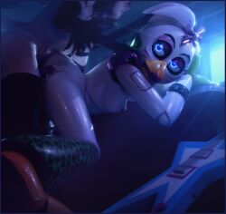 3d_(artwork) accessory alternative_fashion animal_print animatronic anthro arm_accessory armwear ass avian beak bird blue_eyes bodily_fluids bow_ribbon breasts chicken clothed clothing cum cum_drip cum_on_butt cum_on_leg digital_media_(artwork) dripping duo elbow_gloves electric_guitar female five_nights_at_freddy's five_nights_at_freddy's:_security_breach galliform genital_fluids genitals glamrock_chica gloves guitar hair hair_accessory handwear hi_res human legwear leopard_print lipstick looking_back machine makeup male male/female mammal mrcourage616 musical_instrument nipples on_model partially_clothed penis phasianid plucked_string_instrument robot scottgames steel_wool_studios string_instrument thigh_highs