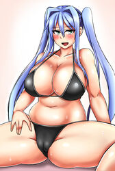 bikini black_bikini blue_hair cameltoe green_eyes ikameshi open_legs twintails