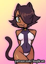 :3 arms_behind_back big_hips black_tail_(muyhiram) bodysuit brown_hair brown_tail cat_collar cat_ears cat_girl cat_tail catgirl clothed clothing collar collar_bell muyhiram nipple_bulge oiled_skin oiled_thighs smug_face spots thighs yellow_eyes