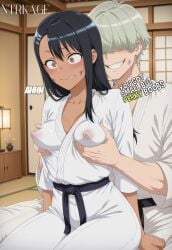 1boy 1girls ai_generated breast_grab bruise cheating comic comic_page curvy_hips dojo english_text evil_smile hair_between_eyes hayase_nagatoro hi_res highres karate_outfit netorare nipple_bulge nipples nipples_visible_through_clothing ntrkage original_character petite please_don't_bully_me,_nagatoro slim_waist small_breasts zoster