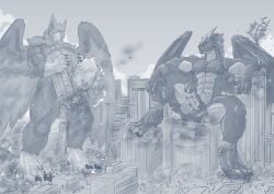 4_toes 5_fingers abs anthro avian balls beak biceps biped bodily_fluids building building_destruction building_penetrated building_sex carpo city city_background city_crushing city_destruction cityscape claws cum destruction detailed_background dragon duo erection feathered_wings feathers feet finger_claws fingers genital_fluids genitals gryphon hi_res humanoid_genitalia humanoid_penis landscape_dwarfing macro macro_anthro macro_male male muscular muscular_anthro muscular_male mythological_avian mythological_creature mythological_scalie mythology nude outside paws pecs penis precum rampage rasheth scalie sitting_on_building sixsydes sky smile stomping tail toe_claws toes vehicle wings