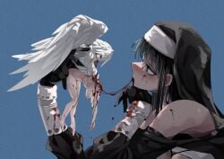 2girls angel_wings black_hair blood blue_background breasts commentary_request completely_nude death decapitation female_death from_side guro highres huyunokure large_breasts micro micro_female mini_person minigirl multiple_girls nude nun original size_difference vore white_wings wings