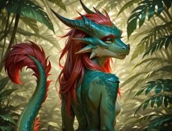 ai_generated dragon elegant female green_eyes jungle long_hair nude red_hair scales small_breasts tail thick_eyelashes