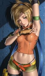 ai_generated armpit belly_button blonde_female blonde_hair braids final_fantasy final_fantasy_x green_eyes hair_clips petite petite_female pussy rikku short_hair shorts small_breasts tifti