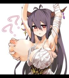 ? ?? antenna_hair armpits arms_up black_hair blush breasts commentary_request confused corset danua draph dress female furrowed_brow gold_corset grabbing_another's_breast grabbing_from_behind granblue_fantasy groping hair_between_eyes hand_under_clothes hand_under_dress horn_ornament horns huge_breasts light_frown long_hair looking_at_viewer miranko nipples one_breast_out pointy_ears red_eyes sleeveless sleeveless_dress solo upper_body white_dress