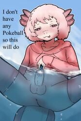 2:3 ambiguous_gender amphibian anthro anus axolotl axolotl_tail balls blush bottomless bubble clothed clothing cock_vore duo eeveelution english_text erection feet_first generation_1_pokemon genitals gills hair hi_res hoodie humanoid_genitalia humanoid_penis izel_soup_t legwear macro male marine micro mole_salamander nintendo penile penis pink_hair pink_pupils pokemon pokemon_(species) pupils salamander showers_the_vaporeon teruni-inamor text thigh_highs tongue tongue_out topwear vaporeon vore water