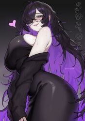 1girls :d absurdly_long_hair big_breasts black-framed_eyewear black_dress black_hair black_sweater blush bootybear breasts dress female glasses goddess_of_victory:_nikke gradient_background hair_over_one_eye heart highres label_(nikke) large_breasts long_hair looking_at_viewer multicolored_hair mushroom off_shoulder open_mouth purple_eyes purple_hair skull smile solo sweater two-tone_hair very_long_hair wavy_mouth