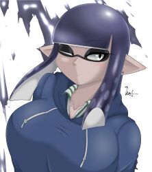 artist_signature big_breasts breasts collarbone desaturated ear_piercing half_body hoodie ikazirusi_01 inkling inkling_girl long_eyelashes looking_away oc one_eye_closed pointy_ears purple_hair signature splatoon splatoon_(series) tagme tentacle_hair watermark white_background white_eyes