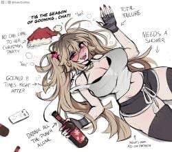 1girls black_bra black_shorts black_thighhighs blonde_hair bra bra_peek bra_visible_through_clothes breasts christmas dokidomiki dolphin_shorts drunk english_text girlfailure gyaru hair messy messy_hair miki_(dokidomiki) navel shorts strap_slip tagme tank_top tank_top_strap_slip text thick_thighs thighhighs white_tank_top
