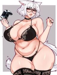 1girls big_breasts big_thighs black_nail_polish bra cat_ears cat_tail catgirl choker commission eyelashes female female_only final_fantasy final_fantasy_xiv game_controller glasses hi_res huge_breasts lingerie lingerie_only looking_at_viewer mimimows miqo'te narrowed_eyes panties playstation_controller red_eyes slightly_chubby solo stockings tail thick_thighs white_hair xibi