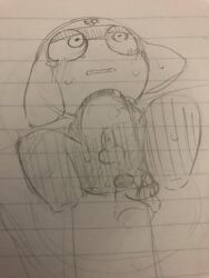 3:4 abnarie alien amphibian anthro balls blush bodily_fluids clothing crying frog genitals headgear headwear hi_res keronian keroro_gunsou male monochrome simple_background solo sweat tamama tears