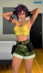 1girls 3dcg ai_assisted ai_generated armpits arms_behind_head arms_up bare_belly bare_midriff bare_thighs belly breasts brown_eyes brown_lips cel_shading crop_top crossover dispatch_(game) dogtags female fully_clothed gloves green_shorts invisigal king_of_fighters leona_heidern_(cosplay) medium_breasts messy_hair nipple_bulge nipples nose_piercing nose_ring protocat short_hair short_hair_female shorts slender slender_body slim slim_waist solo solo_female sweat