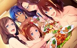 5girls areolae black_hair blue_eyes blue_hair blush braid breasts brown_hair butcha-u censored chopsticks clenched_teeth dark_skin dish food game_cg glasses handjob harem highres holding indoors kenzen!_hentai_seikatsu_no_susume large_breasts long_hair looking_at_viewer lying maezono_chihiro maezono_chinami mole mole_under_eye mole_under_mouth mosaic_censoring multiple_girls nantaimori naughty_face nipples nude open_mouth original penis pov short_hair single_braid smile sweat