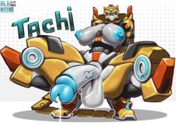 2026 absurd_res albinion balls big_breasts black_body blue_eyes blue_glans blue_nipples bodily_fluids breasts cheetah digital_drawing_(artwork) digital_media_(artwork) eyelashes felid feline genital_fluids genitals glans glowing glowing_eyes gynomorph half-erect hi_res huge_breasts humanoid humanoid_genitalia humanoid_penis intersex looking_at_viewer machine mammal mecha mecha_focus mecha_girl metal_cardbot multicolored_body narrowed_eyes nipples penis precum robot robot_humanoid shaded_face solo spread_legs spreading tachi_(metal_cardbot) tachy_(metal_cardbot) tail thick_thighs tire white_body wide_hips yellow_body