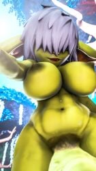 3d 3d_(artwork) arm_up armpit breasts, colored_skin completely_nude dark_nipples day female_goblin female_pubic_hair futanari goblin goblin_female green_skin grey_hair hair hair_over_eyes hair_over_one_eye large_breasts long_bangs looking_at_viewer navel nipples nude open_mouth outdoors penis pointy_ears pov pubic_hair short_hair shortstack simon_sklar smile solo source_filmmaker taker_pov thick_thighs uncensored veins veiny_penis watermark white_pubic_hair