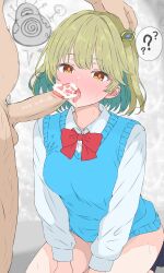 1boy ? @_@ absurdres aqua_hair aqua_sweater_vest bar_censor black_socks blush bow bowtie censored colored_inner_hair commentary_request creature dragon_musume_ni_naritakunai! duel_masters erection fellatio female green_hair hair_ornament hand_on_another's_head highres hypnosis licking licking_penis long_sleeves mind_control multicolored_hair nagareboshi_asche open_mouth oral orange_eyes penis red_bow red_bowtie school_uniform seiza shirt short_hair sitting socks spoken_question_mark sweatdrop sweater_vest tongue tongue_out watti3600 white_shirt