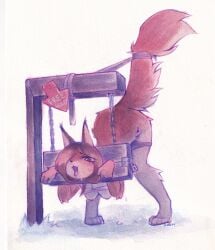 2024 absurd_res ambiguous_fluids anthro ass_up black_eyes black_nose bodily_fluids bondage bound breasts chained chained_to_pole chains clothed clothing colored digital_drawing_(artwork) digital_media_(artwork) drooling english_text female fluffy fluffy_tail free_use fur grass hi_res lock nipples open_mouth orange_body orange_fur panties panties_down partially_clothed pink_inner_ear plant raised_tail restraints saliva scarciti solo stocks sweat tail tail_tied text tongue tongue_out underwear underwear_down wooden_pole