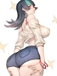 1girls alternate_breast_size_(larger) belt black_hair blue_shorts bra_strap bracelet breasts brown_belt chin_piercing choker cropped_legs cropped_sweater eyelashes face_piercing female from_behind from_below fumio_(rsqkr) green_hair green_streaks highres hoshi_kirara jewelry jujutsu_kaisen large_breasts lip_piercing long_hair looking_at_viewer looking_back mouth_piercing multicolored_hair multiple_bracelets multiple_piercings open_mouth piercing pink_eyes rule_63 short_shorts shorts simple_background solo spiked_choker spikes star_(symbol) streaked_hair sweater symbol-shaped_pupils teeth tongue upper_teeth_only white_background white_sweater