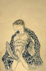 animal_genitalia animal_penis anthro big_penis black_sclera claws cloaca erection genital_slit long_penis looking_down male male_only muscular nude penis pinup pose reptile scalie seductive shell slit smile solo spikes spots spotted_skin traditional_media_(artwork) turtle turtle_penis tush vein veiny_penis webbed_hands