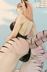 2025 anthro ass black_clothing black_stripes black_swimwear blue_eyes breasts camel_toe claws clothing colored digital_drawing_(artwork) digital_media_(artwork) domestic_cat felid feline felis female fur hair hi_res long_hair looking_at_viewer low-angle_view mammal markings one-piece_swimsuit pink_hair pink_nose presenting purple_eyelids rear_view shaded sky smile smiling_at_viewer solo sparkles spread_butt spreading striped_markings striped_tail stripes swimwear tail tail_markings valeris white_body white_claws white_fur